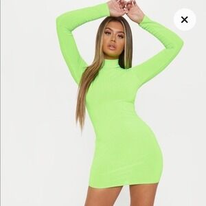PrettyLittleThing Neon Lime ribbed bodycon Turtleneck Long Sleeve Mini Dress USA
